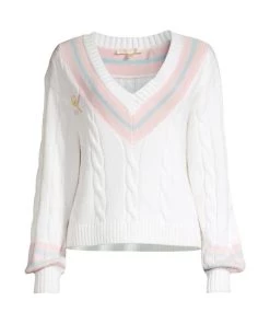 LoveShackFancy Malaine Cable Knit V-Neck Sweater