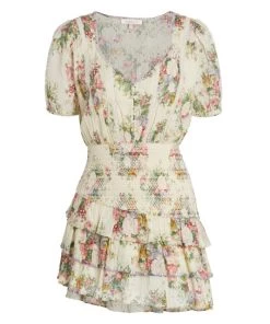 LoveShackFancy Keelin Asymmetric Swiss-Dot Cotton & Lace Minidress