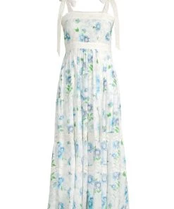 LoveShackFancy Ayala Tie-Shoulder Lace-Trim Midi-Dress