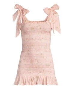 LoveShackFancy Norna Smocked Tie-Shoulder Minidress
