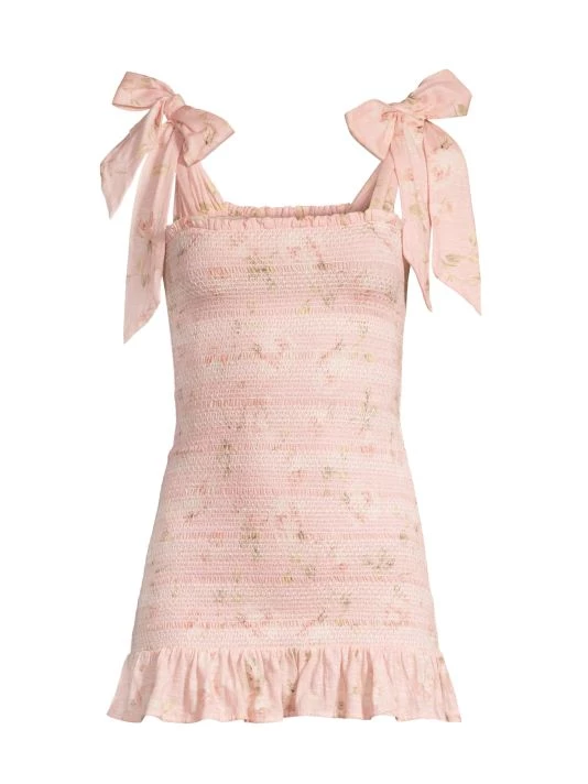 LoveShackFancy Norna Smocked Tie-Shoulder Minidress 1 LoveShackFancy Norna Smocked Tie-Shoulder Minidress