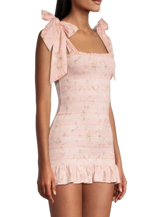 LoveShackFancy Norna Smocked Tie-Shoulder Minidress 4 LoveShackFancy Norna Smocked Tie-Shoulder Minidress - Image 4