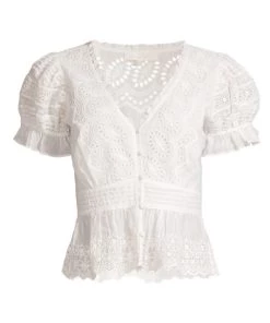 LoveShackFancy Annalee Eyelet Puff-Sleeve Top