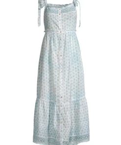 LoveShackFancy Carlyle Shoulder-Tie Lace-Trim Tiered Midi Dress