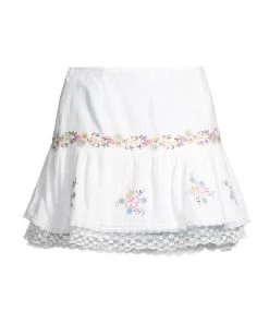 LoveShackFancy Rhodes Floral-Embroidered Miniskirt
